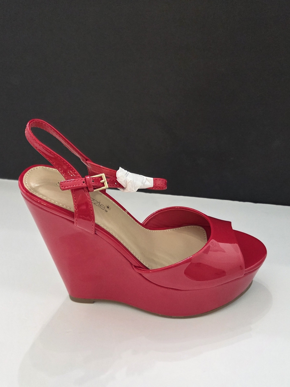 Platform Ankle-Strap Buckle Red Patent Heels Peep Toe Shiny Wedge NWOT Size 8.5